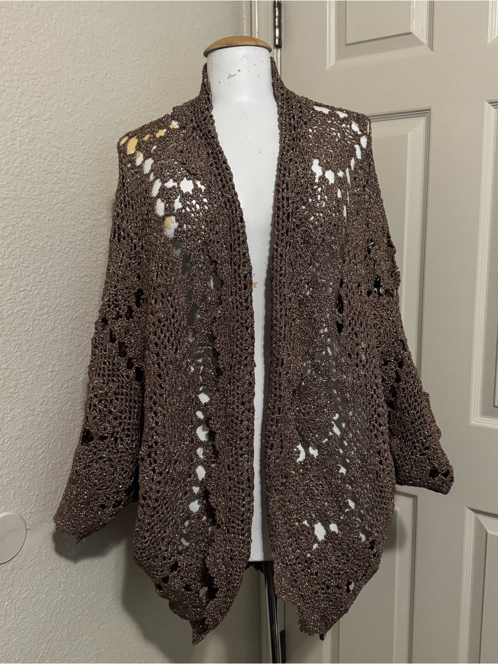Mes Demoiselles Paris Women’s Bronze Metallic Open-Knit Cardigan Sweater TU